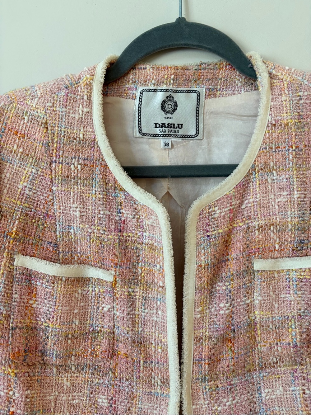 Pink Tweed Collarless Blazer with Cream Trim